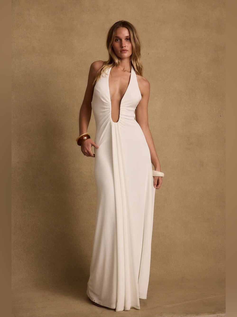 12th Tribe Alondra Plunge White Maxi Dress